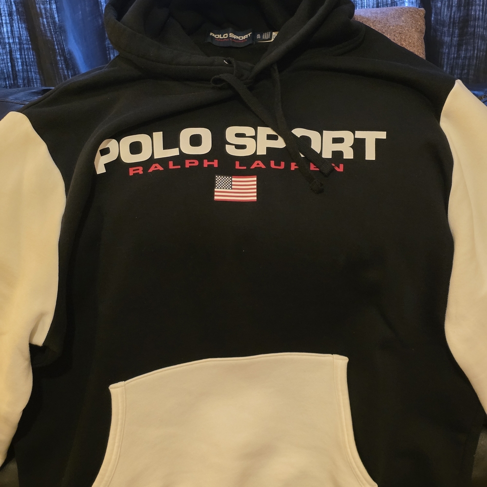 Polo by Ralph Lauren Black & Cream Colorblock Hoodie with Flag Logo
